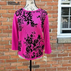 Alfred Dunner Petite Small Oscar Night Floral Beaded Crewneck Sweater Top